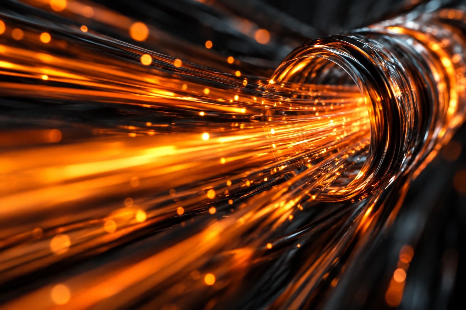 Fibra óptica naranja iluminando una red oscura de conexiones digitales