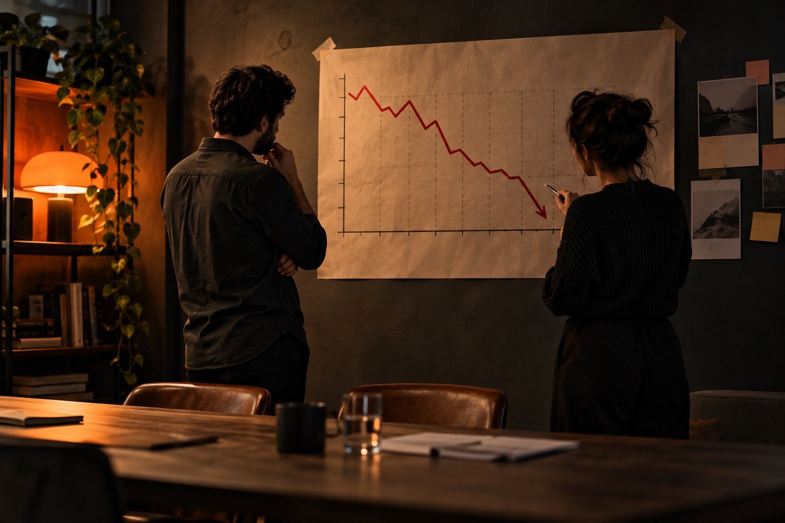 Equipo de empresa revisando con calma una gráfica de tráfico que desciende