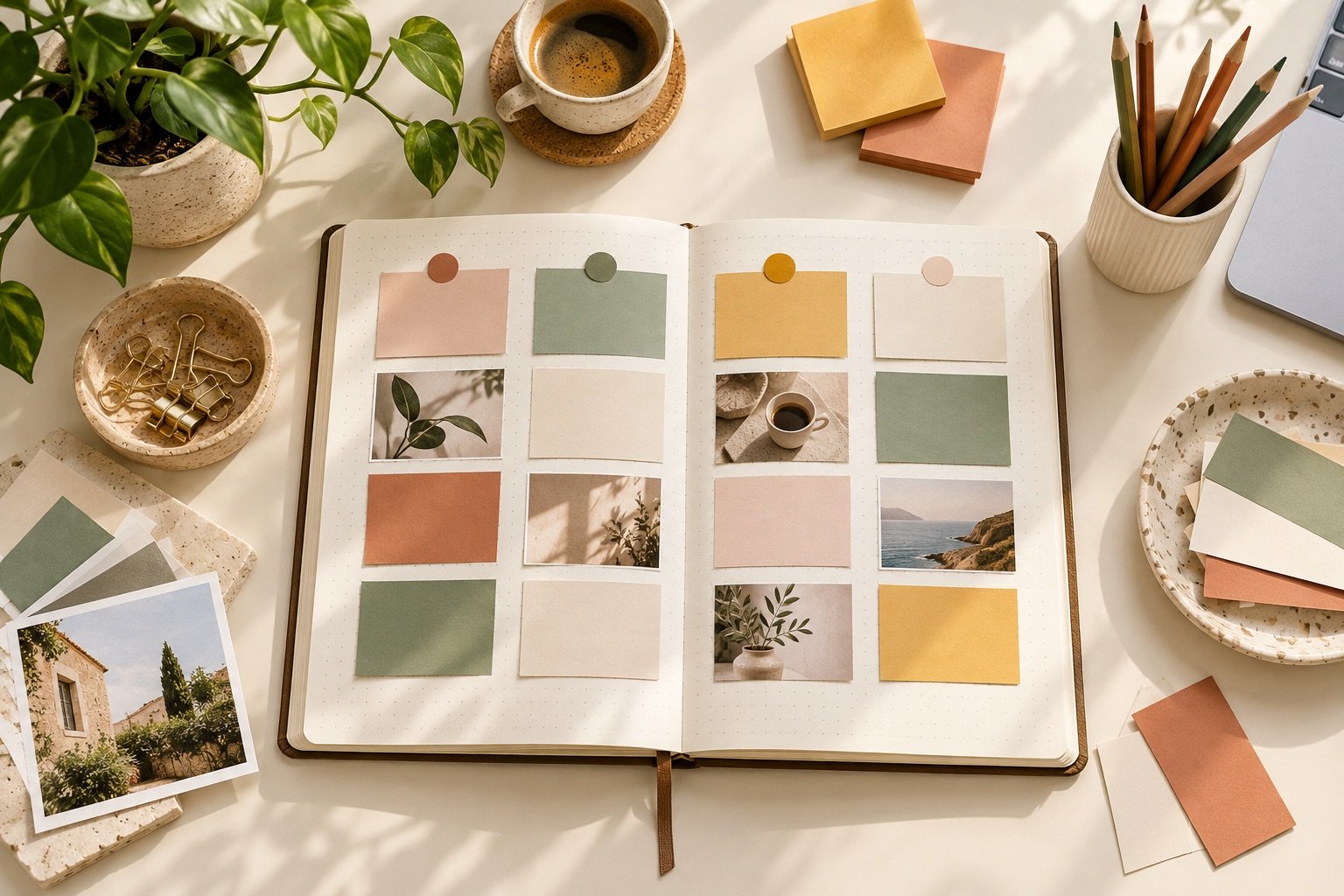 Planificador editorial abierto con un calendario de trabajo dibujado a mano