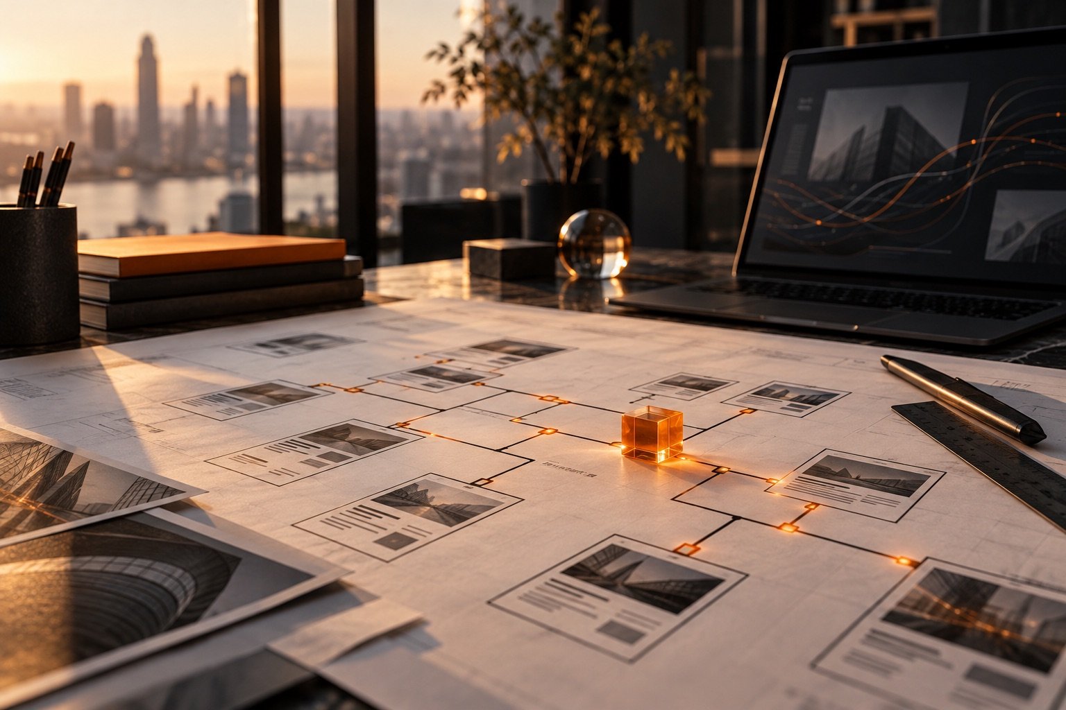 Mapa visual de arquitectura digital con rutas y nodos naranjas sobre papel