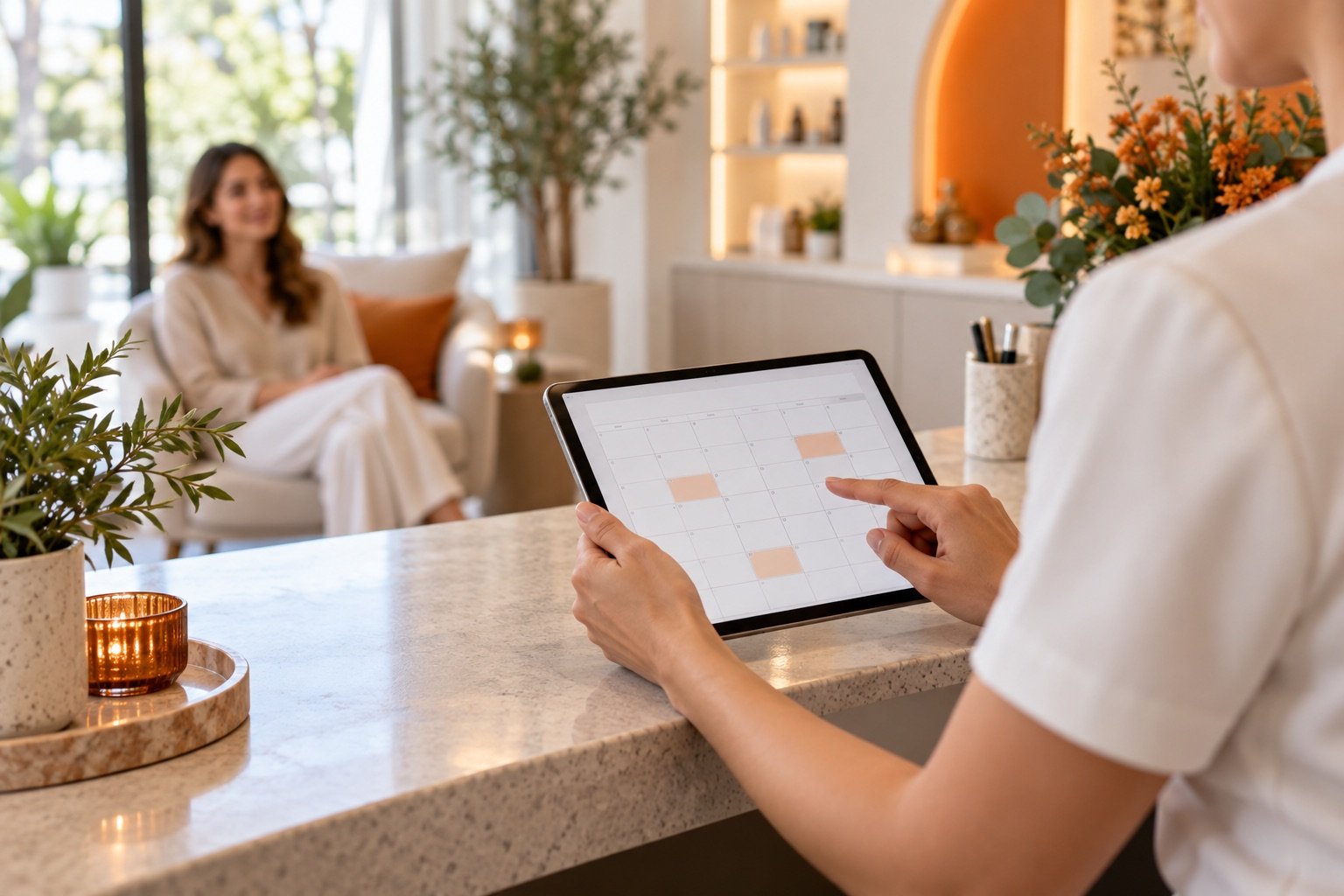Profesional de un centro revisando un calendario digital en una tablet con una clienta al fondo