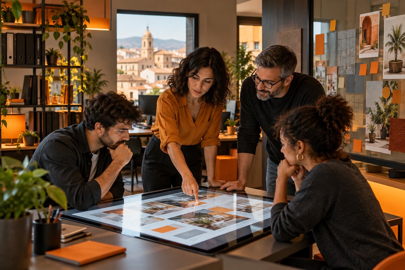 Equipo pequeño colaborando alrededor de una mesa y una pantalla compartida en una oficina luminosa